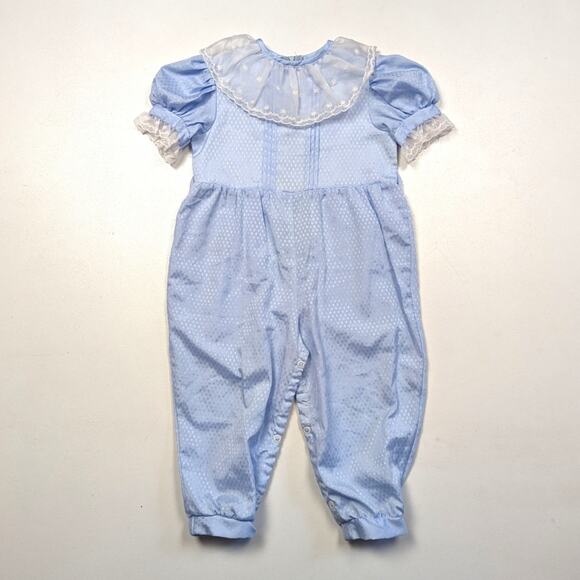 Vintage Coming Thing Jumpsuit Girls Size 18m Blue Romper Lace - Picture 1 of 5